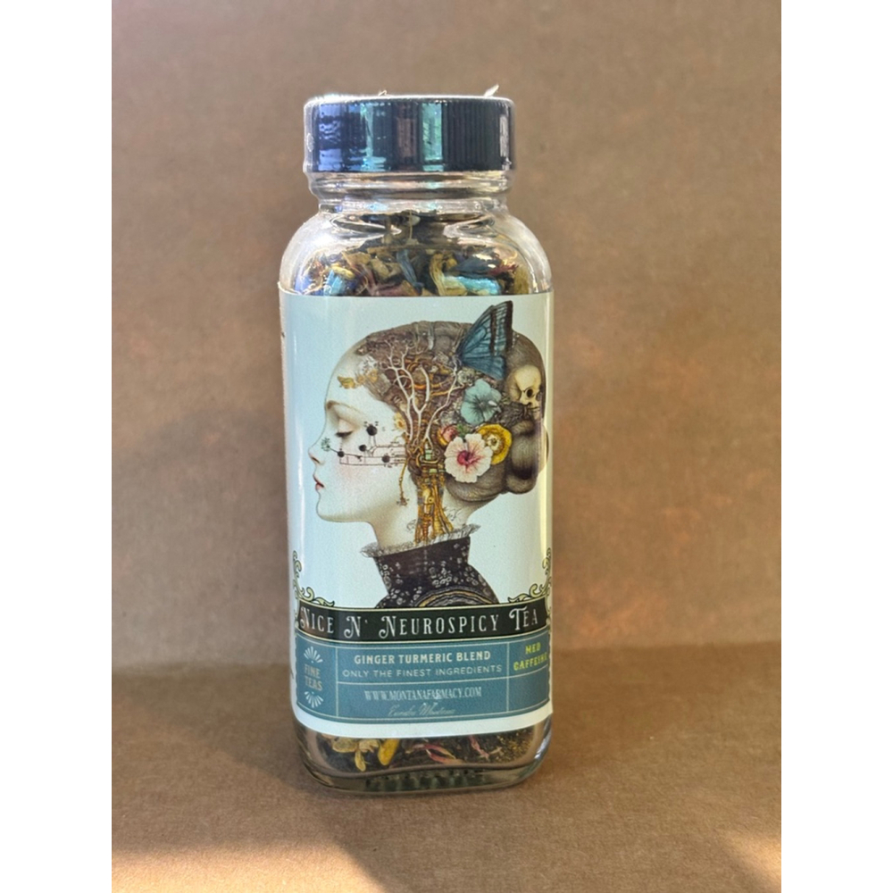 Montana Farmacy Neurospicy Ginger Turmeric Tea Bottle Cream Blue